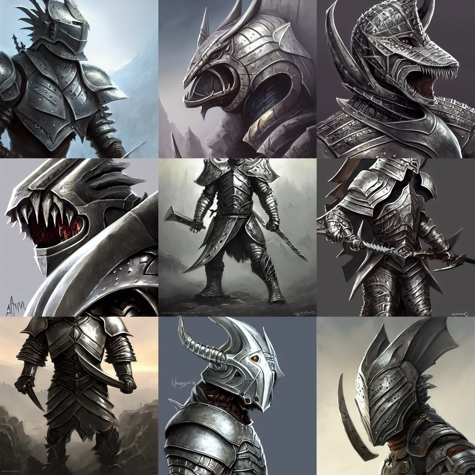 silver dragonborn knight, steel armor, greatsword, d & | Stable Diffusion