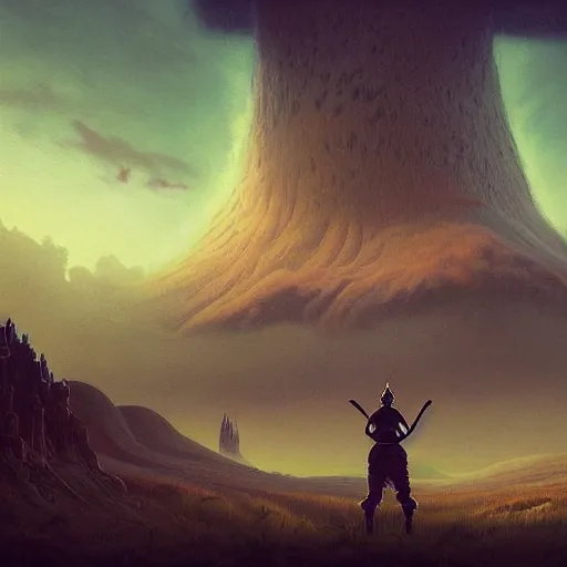 Image similar to a digital painting of a gigantic big enormous humanoid monster standing in the sky, concept art by simon stalenhag and peter mohrbacher cgsociety, vanitas, ominous, lovecraftian, speedpainting, weirdcore. hyper - realistic. photorealistic. octane render. intricate detailed masterpiece. extreme wide shot. realistic shading cinematic dynamic lighting. hdr. ray tracing