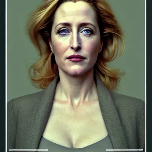 Image similar to Portrait, mugshot of Gillian Anderson, beautiful, pale skin, faint smile, elegant clothing, photorealistic, highly detailed, artstation, smooth, sharp focus, art by Klimt, artgerm, Greg Rutkowski and Alphonse Mucha natural light, Adobe Lightroom, photolab, Affinity Photo, PhotoDirector 365