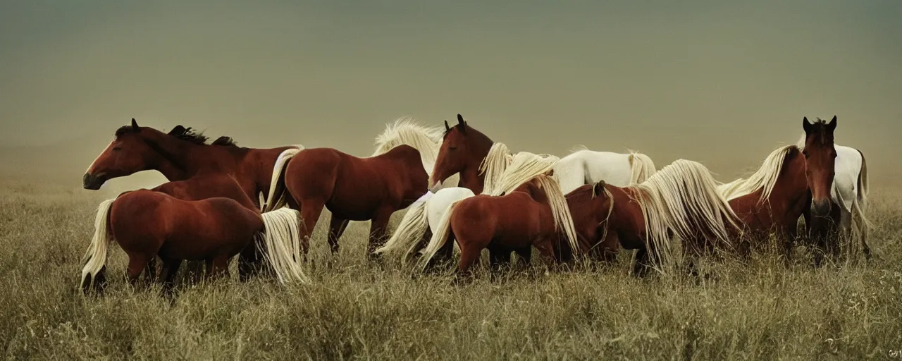 Prompt: wild horses sleeping on top of spaghetti, in a field, in the style of national geographic, canon 5 0 mm, film, kodachrome, retro, muted