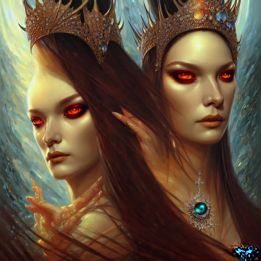 Image similar to A portrait of a jewels-crowned sorceress with vertically slit cornea eyes, by Karol Bak and Jia Ruan, artstation, very detailed, fantasy art, rpg