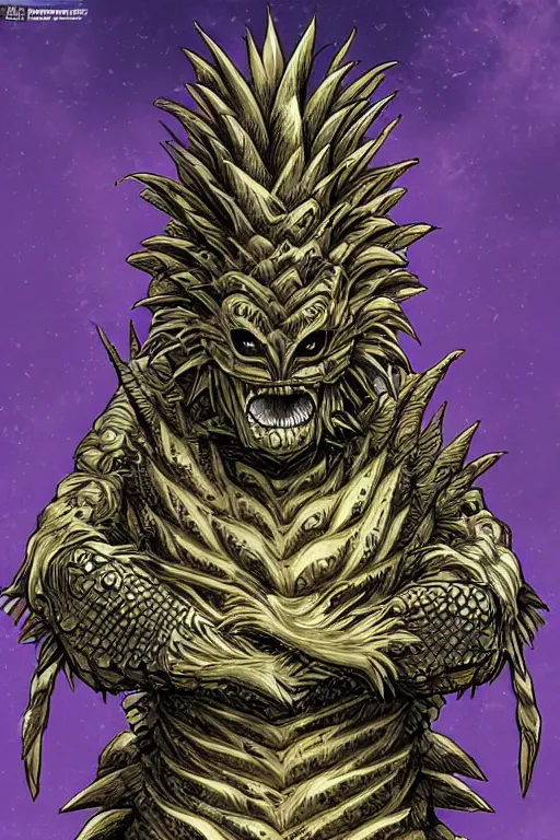 Image similar to screaming pineapple humanoid figure monster wearing themed armour, symmetrical, highly detailed, digital art, sharp focus, trending on art station, kentaro miura manga art style