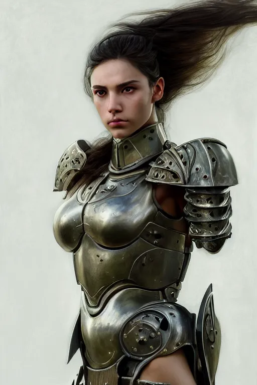 Image similar to a photorealistic painting of an attractive young girl, partially clothed in metal-plated battle armor, olive skin, long dark hair, beautiful bone structure, symmetrical face, perfect eyes, intricate, elegant, digital painting, concept art, illustration, sharp focus, minimal artifacts, from Metal Gear, in the style of Ruan Jia and Mandy Jurgens, by Greg Rutkowski, trending on Artstation, award winning