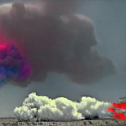 Prompt: combat drone strike war footage, ir, chromatic aberration, broken camera colors, iridescent saturated infrared camera, very high contrast, nuclear cloud, high angle vertical