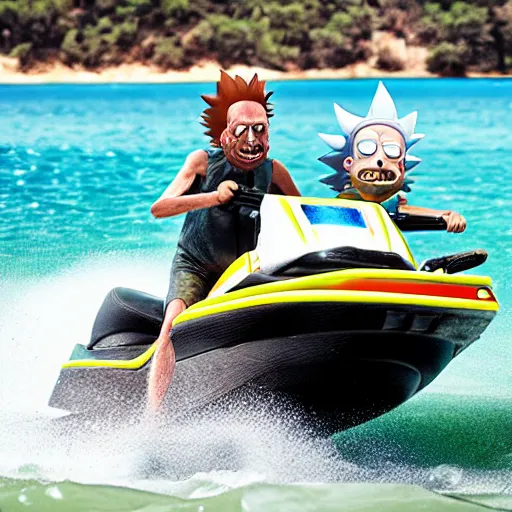 Image similar to rick and morty driving jetskis