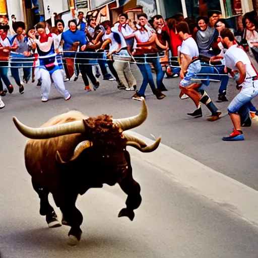 Image similar to screaming bob ross running from a bull in pamplona spain