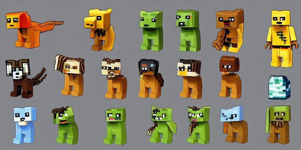 Prompt: creatures called critters, made out of a single lego brick. cube. minecraft shaped. cute looking, sharp focus, moebius, character sheet, game concept art, brush work