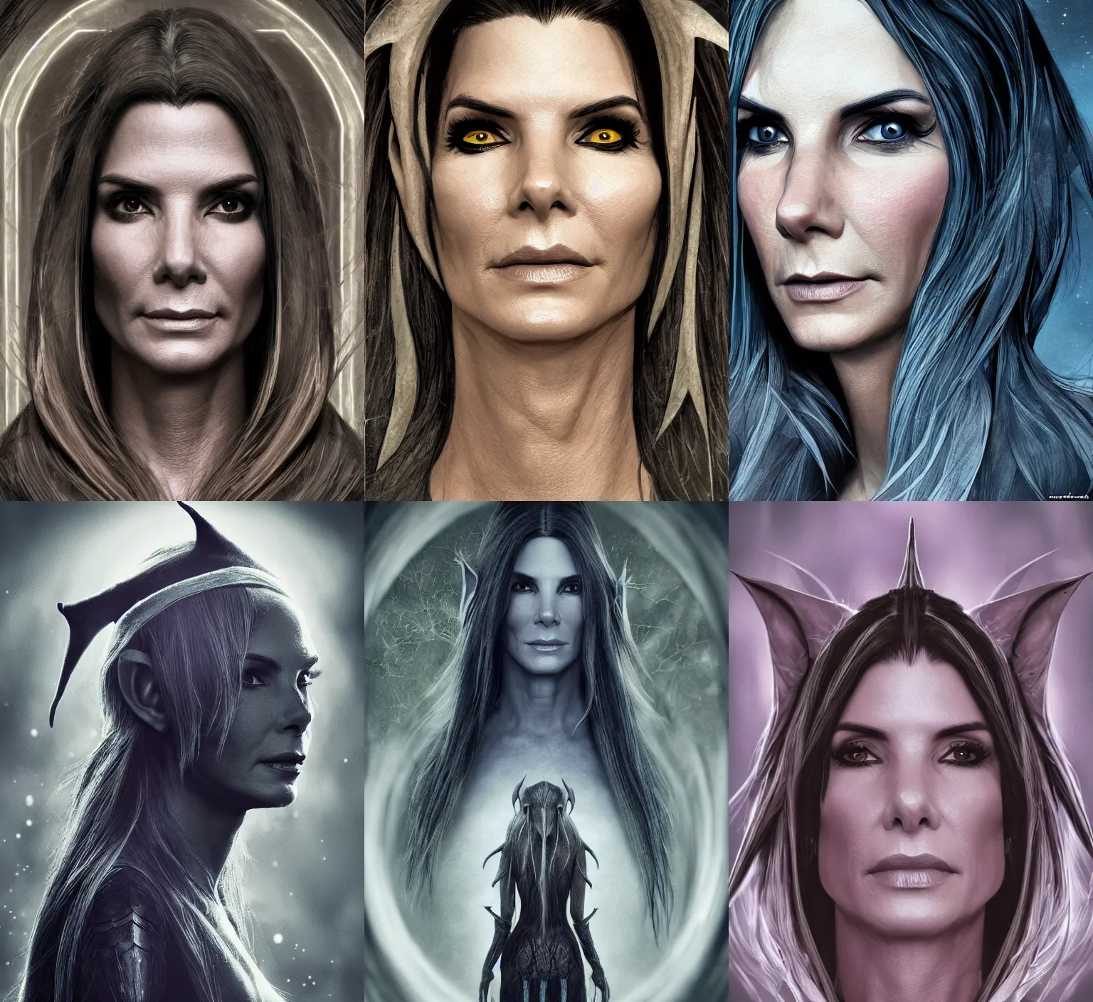 Prompt: perfectly centered portrait of drow elf sandra bullock, 8k resolution, fantasy, symmetry, awe, masterpiece