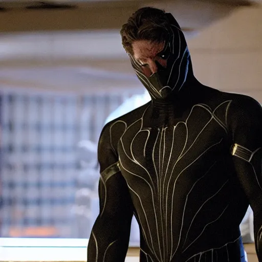 Image similar to film still of Thomas Haden Church as Eddie Brock wearing Venom costume without headpiece in Spider-man 3 2007, 4k