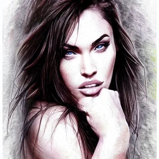 Image similar to realism tattoo sketch of double exposure megan fox with beautiful mountain scenery, in the style of andrey lukovnikov