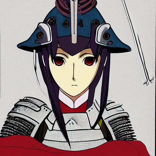 Prompt: head and shoulders portrait of a female knight, samurai, studio ghibli, anime