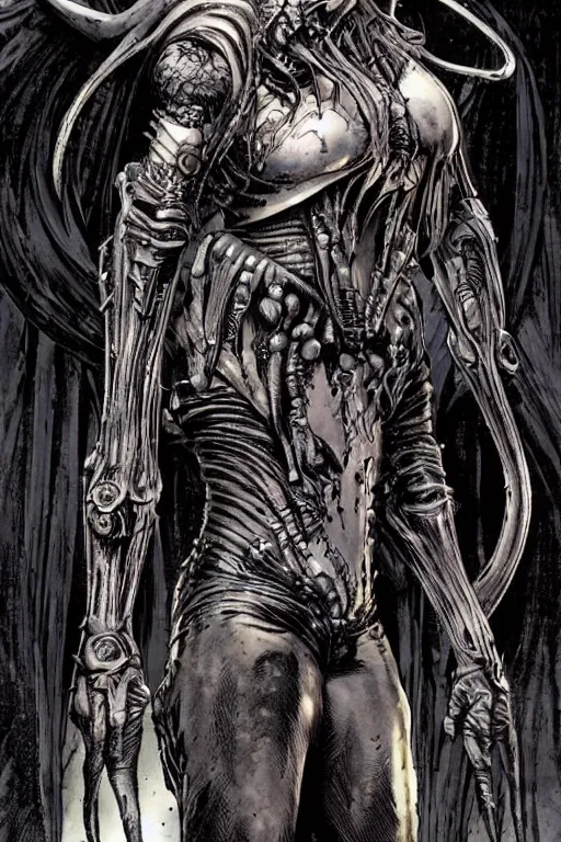 Prompt: A full body portrait of a new antihero character art by Marc Silvestri, Cedric Peyravernay and H.R. Giger, ominous, mysterious,