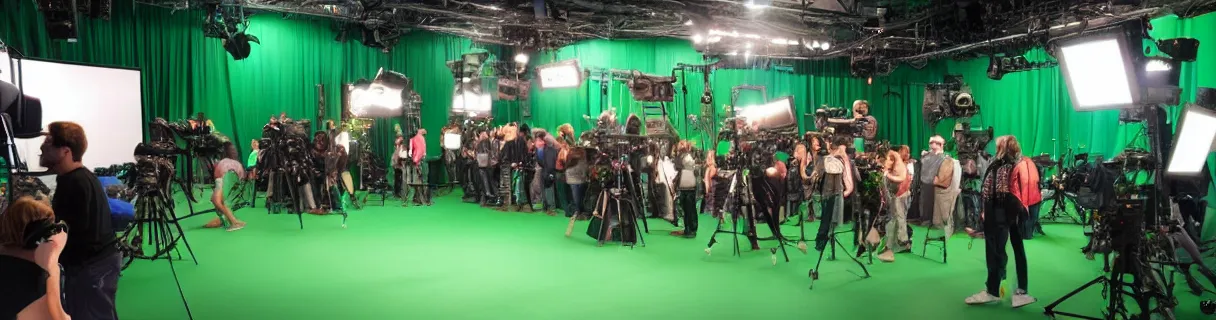 Prompt: photo of a movie set with a big bright green screen, film crew, actors, cameras, studio, movie set, realistic, studio lighting