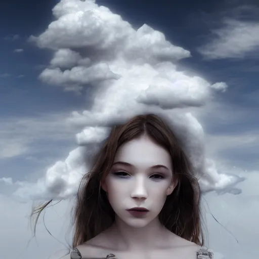 Image similar to goddess wearing a cloud fashion on the clouds, photoshop, colossal, creative, albino skin, giant, digital art, photo manipulation, clouds, covered in clouds, girl clouds, on clouds, covered by clouds, a plane flying on the sky, digital painting, artstation