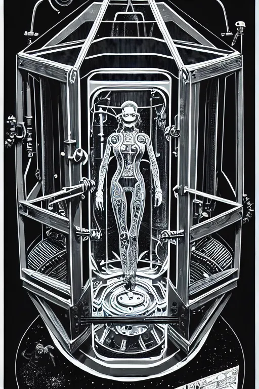 Image similar to steampunk human cryo chamber, high details, intricately detailed, by vincent di fate, inking, 3 color screen print, masterpiece, trending on artstation,, sharp, details, hyper - detailed, hd, 4 k, 8 k