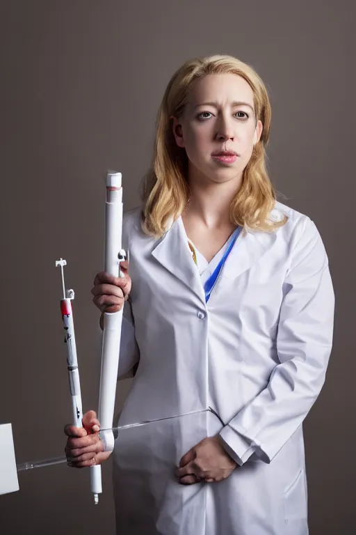 Prompt: elizabeth holmes as a psychopath nurse holding a giant syringe, cosplay, studio lighting, marvel, villainess