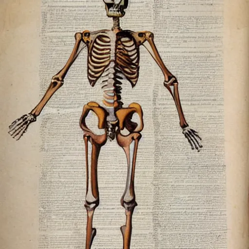 Prompt: vintage, detailed, colored sketch of woman with 3 arms anatomy, full body, skeleton, with full descriptions, on parchment