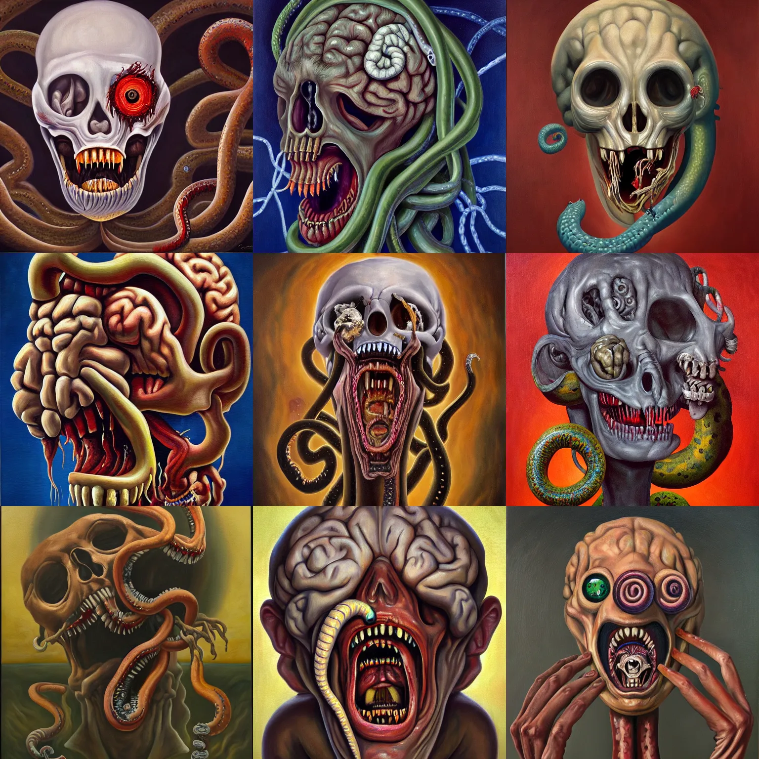 Prompt: an oil on canvas painting of a screaming decapitated man's withered face with blank eye sockets and biting serpents swarming out of his exposed brain, a surrealist painting, polycount, surrealism, surrealist, lovecraftian, cosmic horror