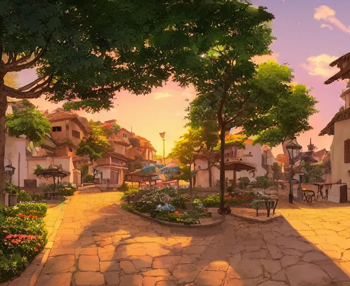 Prompt: A Spanish plaza in a small village at sunset, peaceful and serene, incredible perspective, soft lighting, anime scenery by Makoto Shinkai and studio ghibli, very detailed