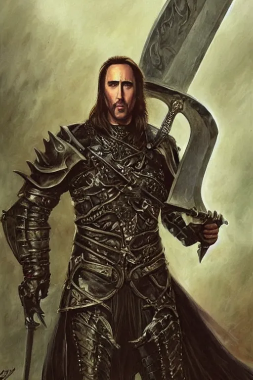 Image similar to Nicholas Cage as a paladin with a longsword, detailed fantasy art by Gerald Brom