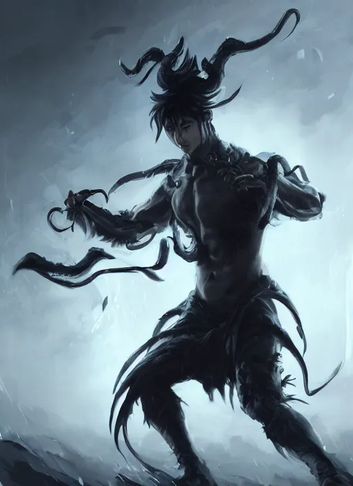 Image similar to a highly detailed illustration of fierce korean man with bowl cut black hair wearing tie with giant black claws, evil wielding giant black fog claws pose, foggy lovecraftian black mist surrounding background, perfect face, intricate, elegant, highly detailed, centered, digital painting, artstation, concept art, smooth, sharp focus, league of legends concept art, wlop.