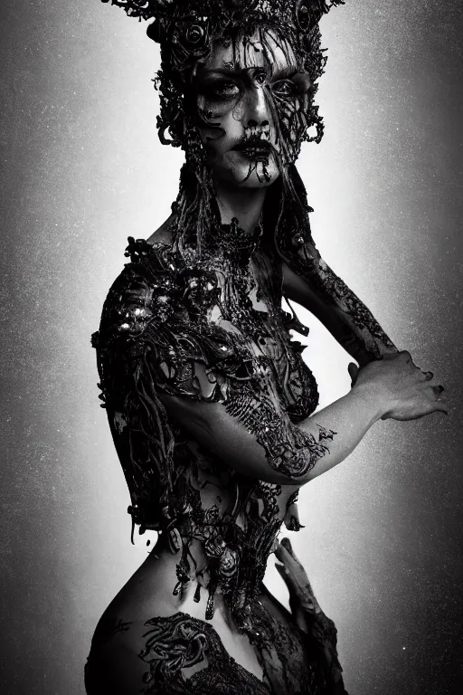 Image similar to a portrait of female model by stefan geselle and nekro borja, photorealistic, intricate details, hyper realistic, dark fantasy, ornate headpiece, dark beauty, photorealistic, canon r 3, photography, wide shot, photography, dark beauty, symmetrical features, wide angle shot, whole body, full body shot, 3 / 4 shot