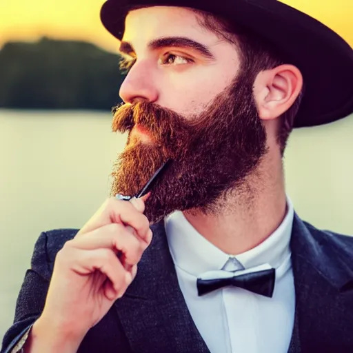 Image similar to closeup of a young gentlemen's face with a beard and a monocle, 4K, beautiful, sunset