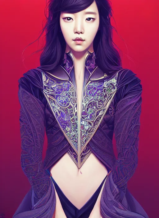 Image similar to Park Shin Hye as a super villain, luxurious, fantasy, intricate, elegant, highly detailed, digital painting, artstation, concept art, matte, sharp focus, illustration, art by WLOP and Hokusai, masterpiece, Refined, upscaled