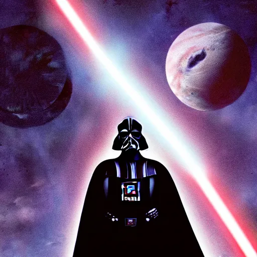 Prompt: an over the shoulder point of view of Darth Vader looking at the space,