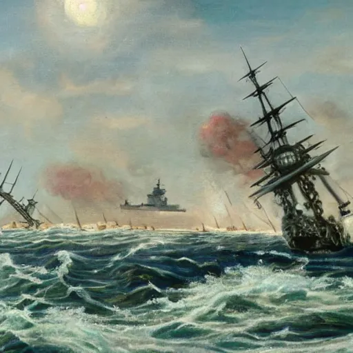 Prompt: a sea serpent attacking a battleship in the victorian time ( oil painted, beautifully painted by a good artist, highly detailed, good quality painting )