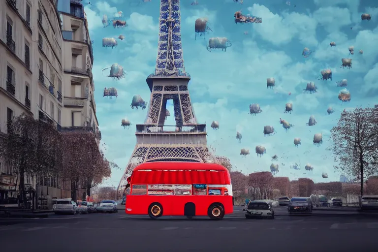 Prompt: bus full or monkeys, driving thru paris, looking at eiffel tower on which there is a giant robotic squid climbing. while on roads there are old televisors. octane render. vibrant colors. plastic, vinyl. hd. subsurface scattering. global illumination.