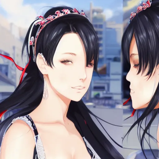 Image similar to luxury advertisement, astonishing portrait of a very beautiful anime high-school girl with black hair ponytail, white ribbon, full perfect face, realistic, highly detailed background, artstation, 120 degree view, drawn by Sasoura, Satchely and Akihiko Yoshida, no distortion