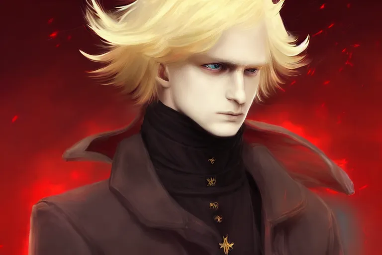 Image similar to digital art of a pale menacing Angel of Battle with fluffy blond curls of hair and piercing red eyes, johan liebert mixed with Dante, gilded black uniform, he commands the fiery power of resonance and wrath, by WLOP, Artstation, CGsociety