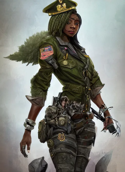 Image similar to a highly detailed illustration of skai jackson wearing tattered military uniform and green officer cap with giant wolf next to her, dramatic standing pose, intricate, elegant, highly detailed, centered, digital painting, artstation, concept art, smooth, sharp focus, league of legends concept art, wlop