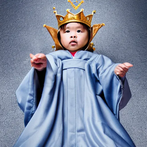 Image similar to tiny King wearing oversized robes and oversized crown stares smugly at camera, high angle, fisheye lens