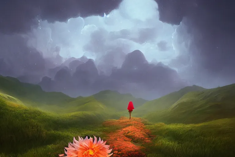 Image similar to giant dahlia flower as a head, girl walking on mountain, surreal photography, stars, dramatic light, impressionist painting, storm clouds, digital painting, artstation, simon stalenhag