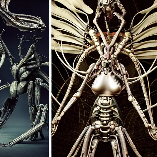 Image similar to still frame from Prometheus movie by Makoto Aida, biomechanical angel gynoid by giger, mimicking devil's dragon flower mantis, metal couture by neri oxmn and Guo pei, editorial by Malczewski and by Caravaggio