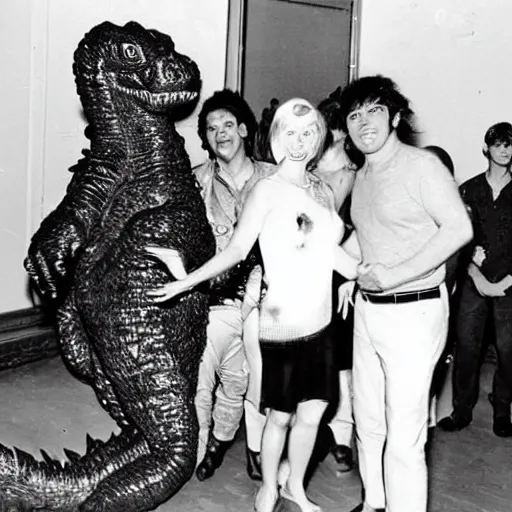 Image similar to godzilla partying at studio 5 4 b & w grainy photograph lots of celebrities including andy warhol