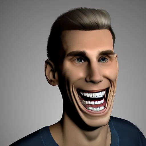 Image similar to jerma 9 8 5 with a grossly exaggerated smile, many teeth, photorealistic 4 k