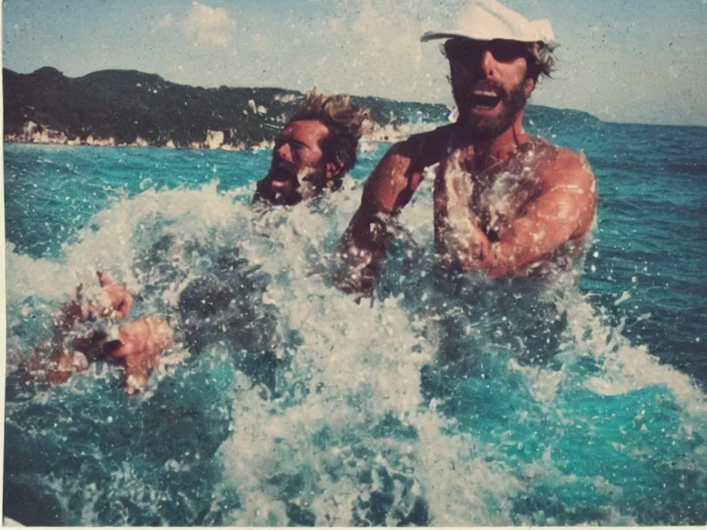 Image similar to jovanotti ravages the beaches of the adriatic coast crying, polaroid color photo, ultra realistic