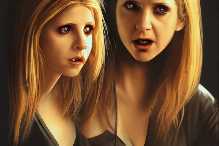 Image similar to Buffy Summers as a vampire, dramatic lighting, hyper-realistic, extremely high detail, trending on artstation