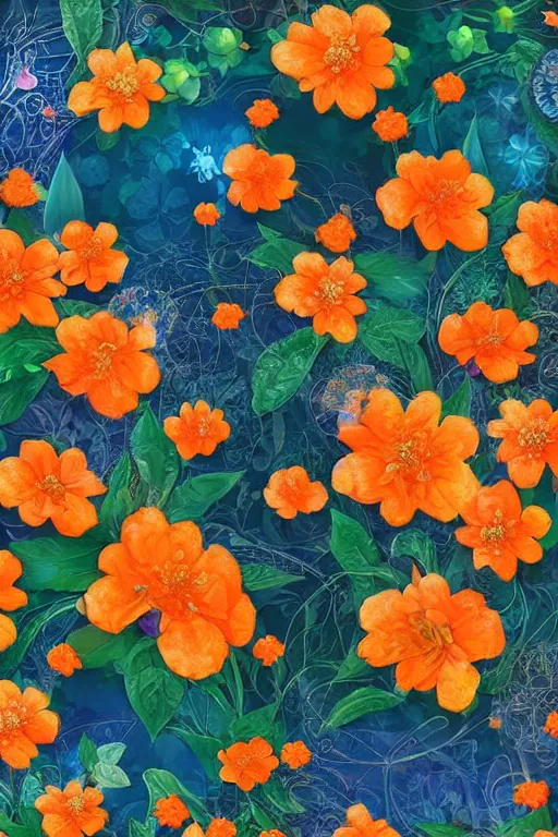 Prompt: beautiful digital matte whimsical painting of whimsical botanical illustration orange and blue flowers enchanted bokeh emerald background, dark contrast by android jones,