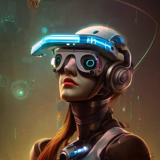 Image similar to a portrait of a beautiful cybernetic girl wearing occulus rift headset, cyberpunk concept art by pete mohrbacher and wlop and artgerm and josan gonzales, digital art, highly detailed, intricate, sci-fi, sharp focus, Trending on Artstation HQ, deviantart, unreal engine 5, 4K UHD image