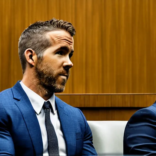 Image similar to ryan reynolds on trial sitting beside his lawyer in a courtroom, highly detailed, extremely high quality, hd, 4 k, 8 k, professional photographer, 4 0 mp, lifelike, top - rated, award winning, realistic, detailed lighting, detailed shadows, sharp, no blur, edited, corrected, trending