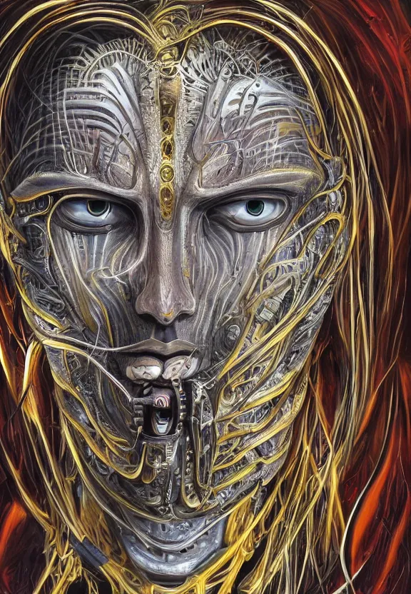 Image similar to perfectly centered portrait, front view of a beautiful biomechanical cyberpunk alien android robot buddha, female, flowing hair, intense stare, sarcastic smile, symmetrical, concept art, intricate detail, volumetric shadows and lighting, realistic oil painting by alex grey and h. r giger,