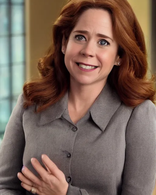 Image similar to pam beesley as a muppet. highly detailed felt. hyper real photo. 4 k.