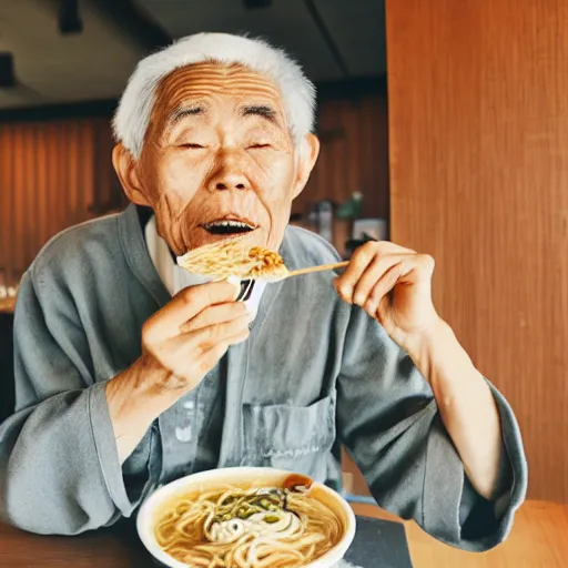 Prompt: an old japanese man eating ramen noodles in a restaurant, photorealistic