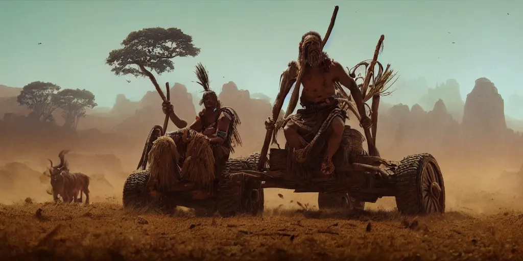Image similar to photo of an ancient tribesman on ancient atv with big wooden wheels, hunting perfect buffalo ,attacking, wild chase, action scene, an epic fantasy, dramatic lighting, cinematic, establishing shot, extremely high detail, photorealistic, cinematic lighting, artstation, octane render, by simon stalenhag, horizon forbidden west,old photo, high speed photography, vintage
