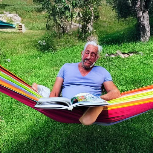 Image similar to my older italian wise friend on a hammock, reading new book, gravity is strong, he is very relaxed, muscular legs, bouncy belly, mountains in a background