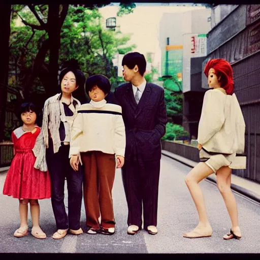 Prompt: photoshoot of friendly cyclops lookbook in Tokyo, color film photography, portrait of a beautiful family in style of Doisneau, 35mm, ektachrome